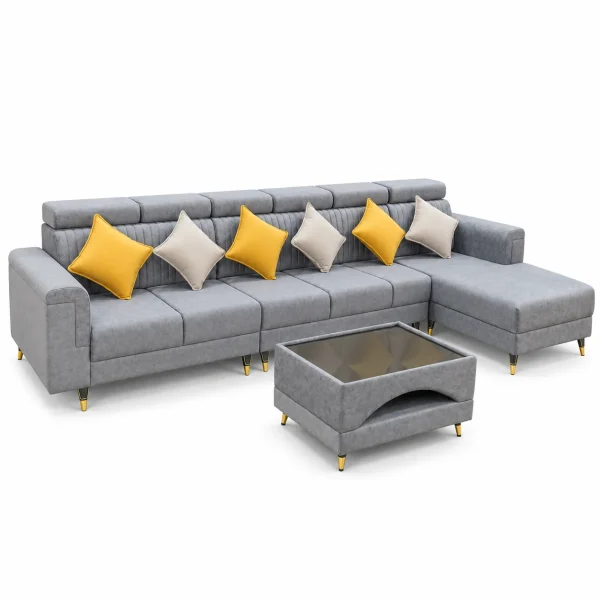 Grey L-Sofa, Yellow Cushions