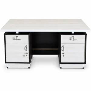 White Twin-Pedestal Desk — Locking drawers · black frame